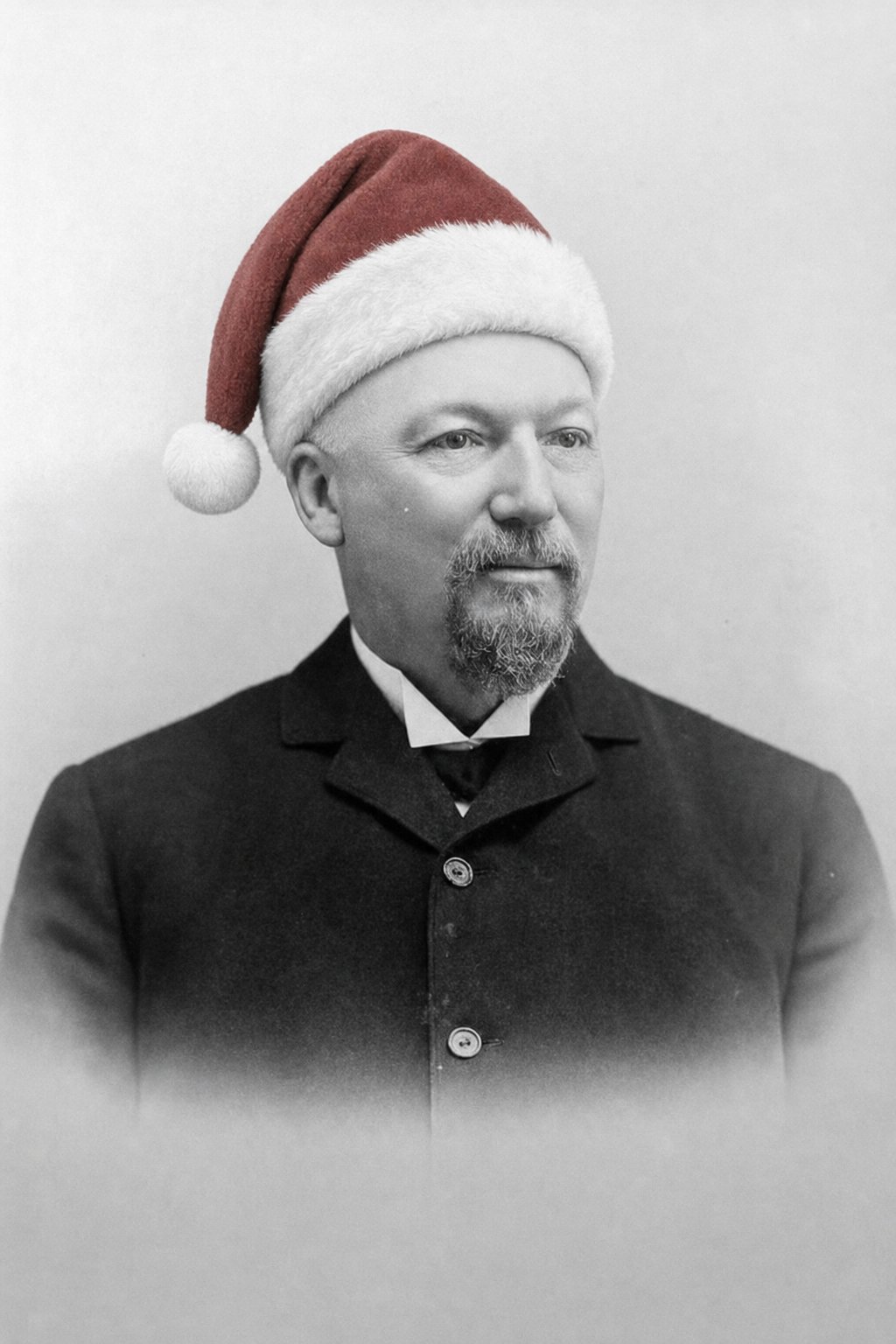 James Edgar, known as Colonel Jim, in a vintage portrait with a digitally added red Santa hat