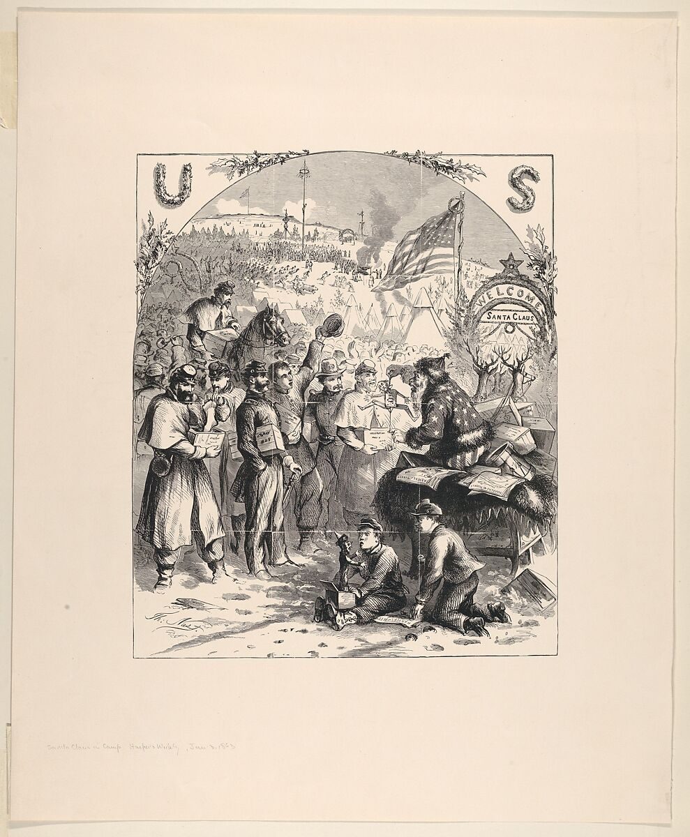 Thomas Nast’s Santa in stars and stripes distributing gifts to Union soldiers