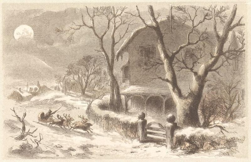 Santa’s sleigh and reindeer above a house in an 1862 illustration of A Visit from Saint Nicholas