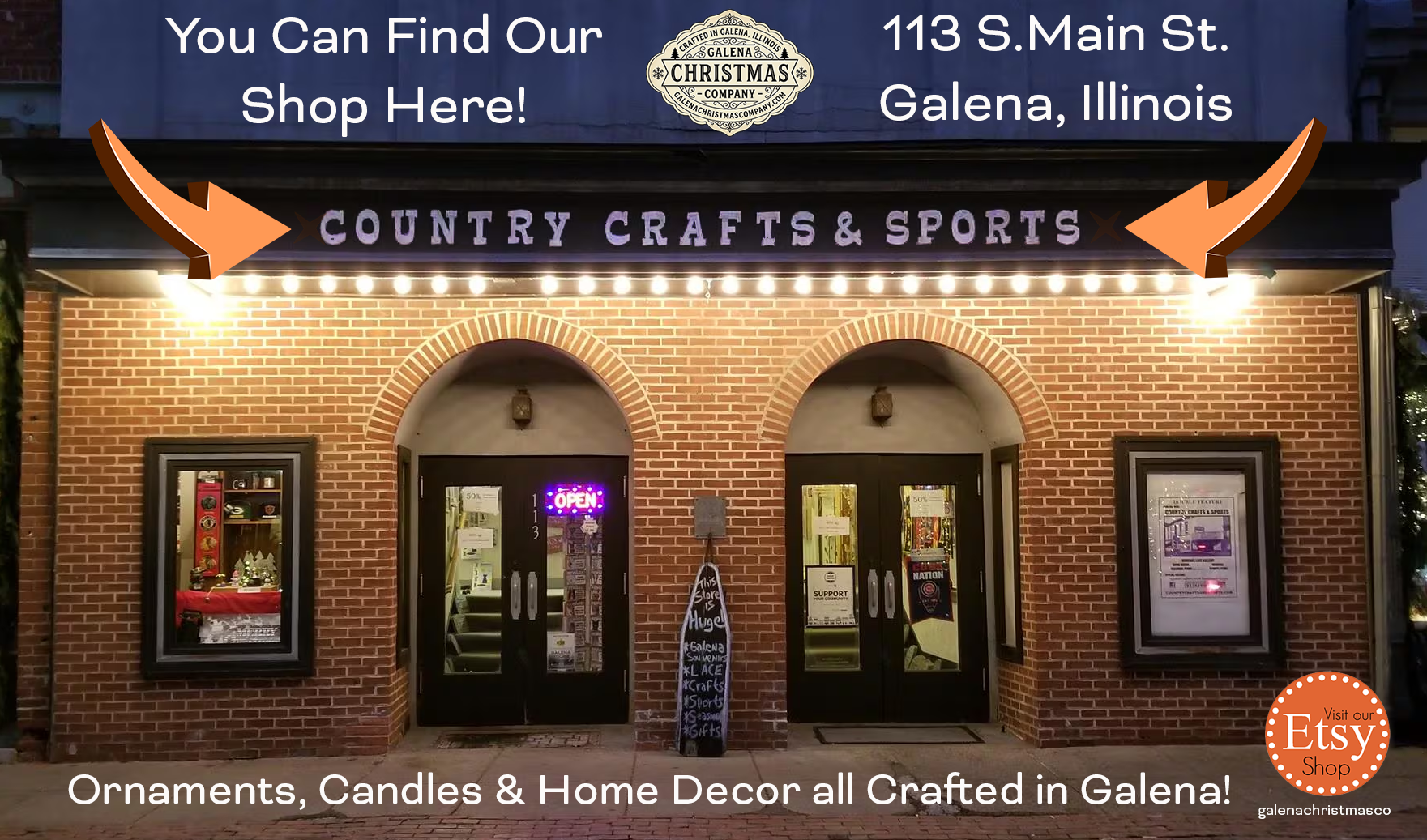 Country Crafts & Sports storefront at 113 South Main Street in Galena, Illinois