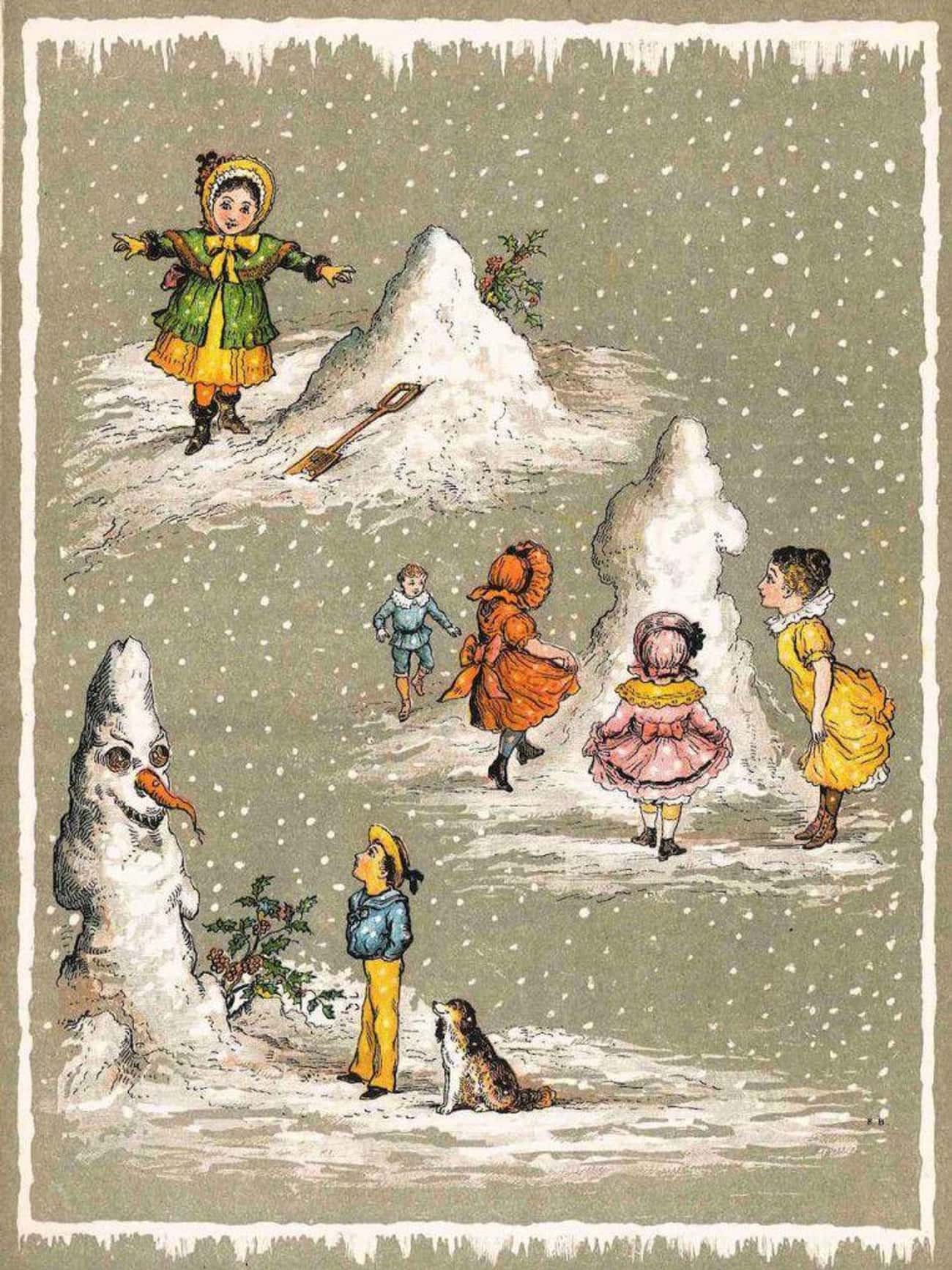 Victorian Christmas card showing children building a strange snowman