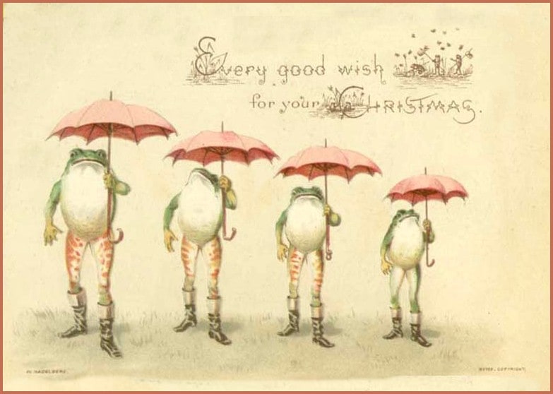 Victorian Christmas card showing frogs in rain boots and umbrellas