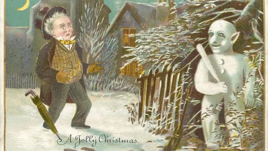 Victorian Christmas card showing a ghost holding a bat in bushes