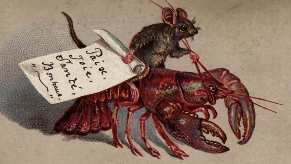 Victorian Christmas card showing a mouse riding a lobster