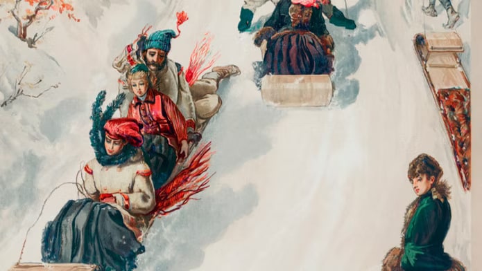 Victorian holiday illustration with figures, winter branches, and floral decoration
