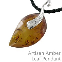 Baltic amber leaf pendant in sterling silver