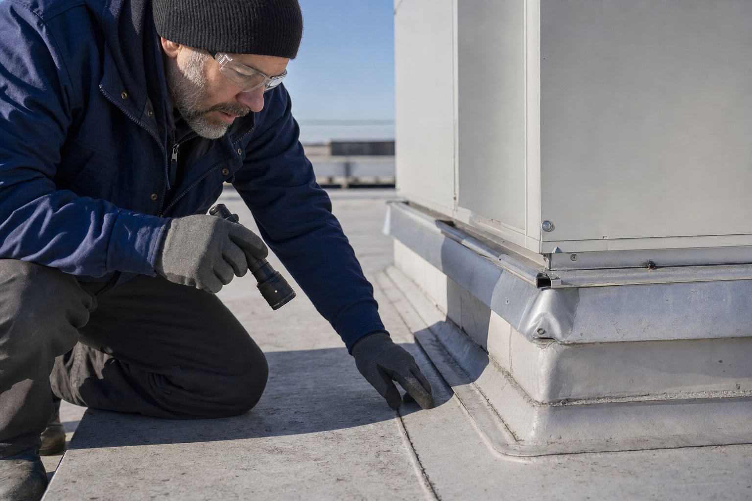 Commercial roof professional inspecting flashing and membrane seams at a rooftop HVAC curb
