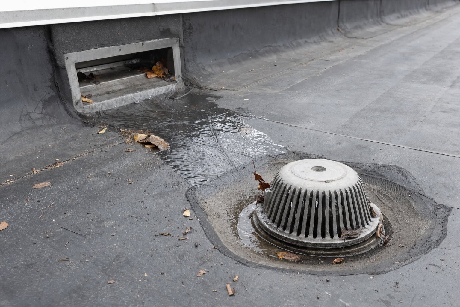Commercial roof drain and scupper area checked for debris and standing water