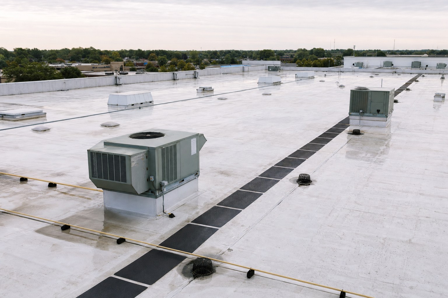 Commercial roof with HVAC equipment, drains, and protected walking paths