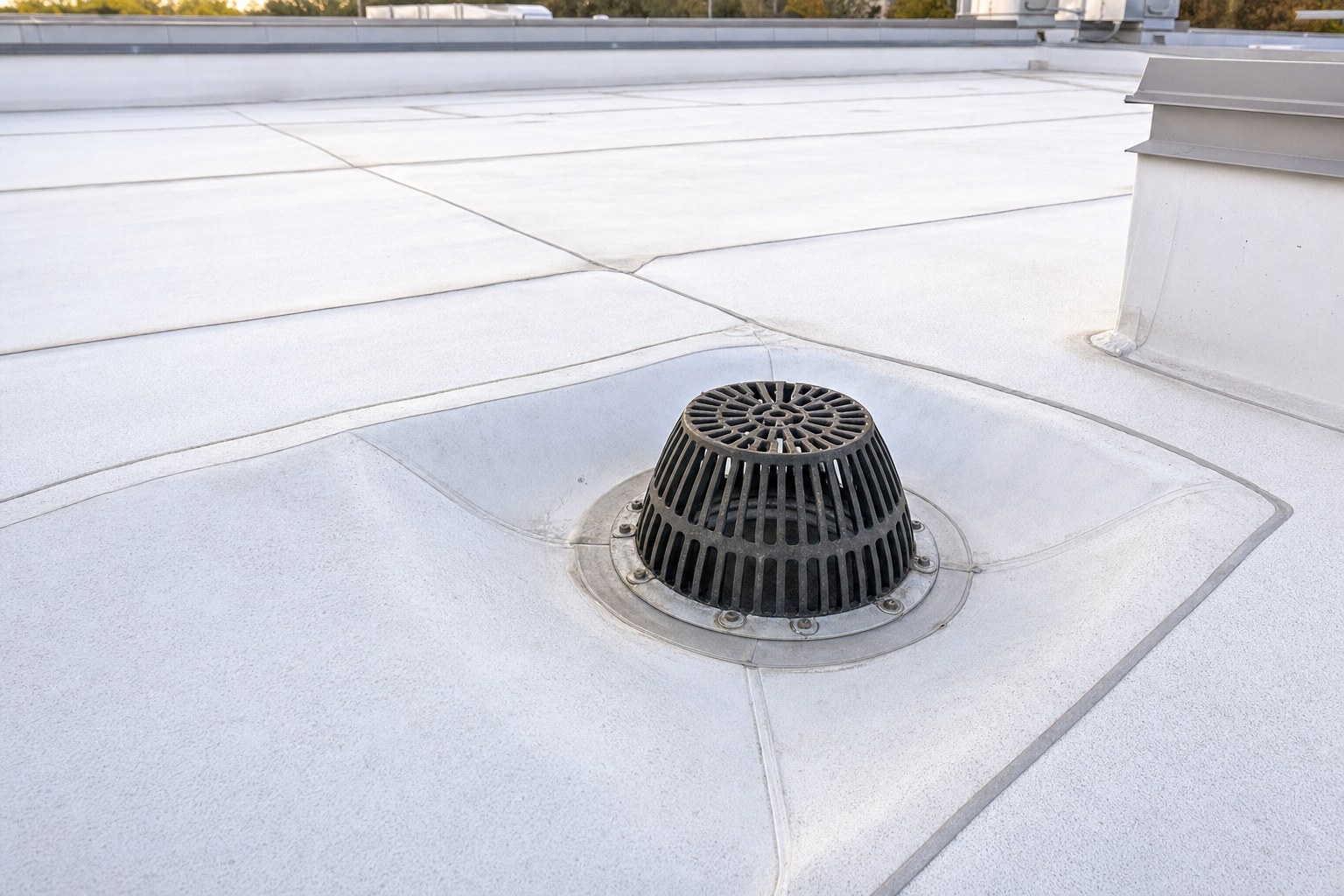 Commercial roof drain with a clear strainer and surrounding membrane seams