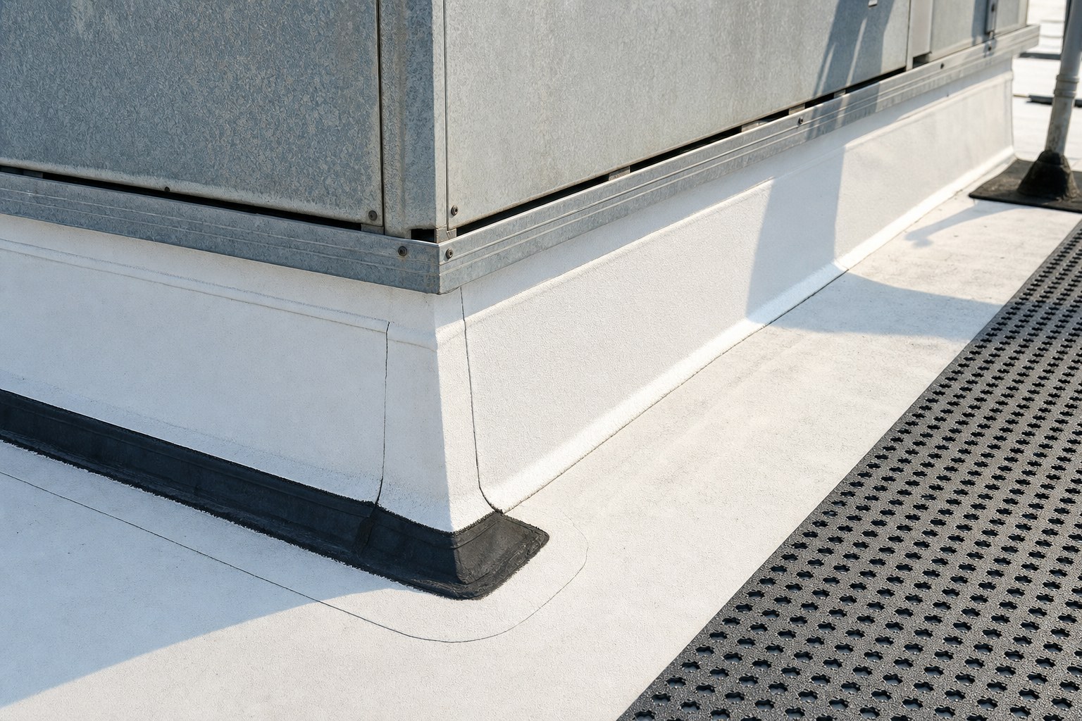 Commercial rooftop equipment curb with intact flashing and a protective walking pad