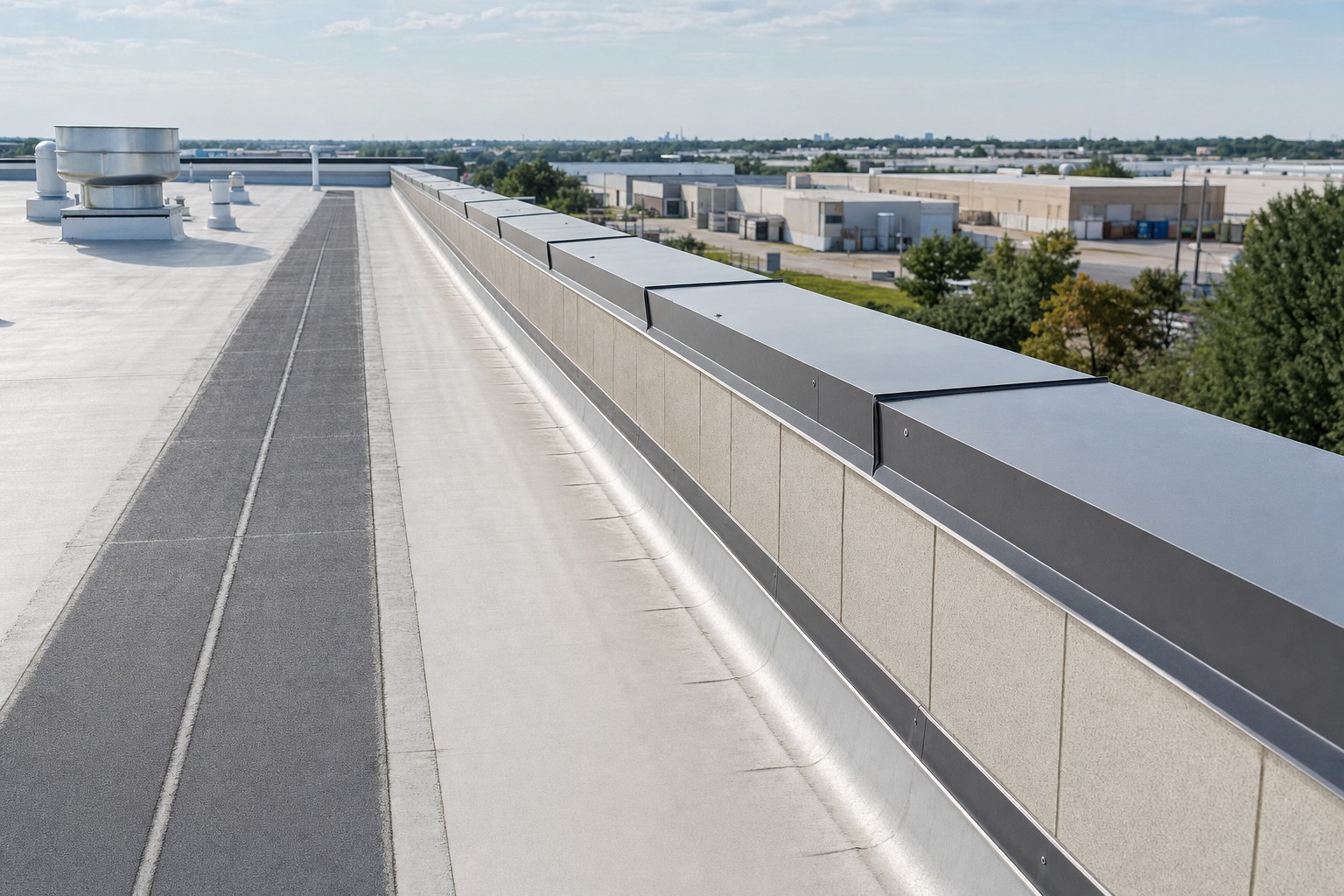 Commercial roof edge with metal coping, parapet wall, and protected walking path