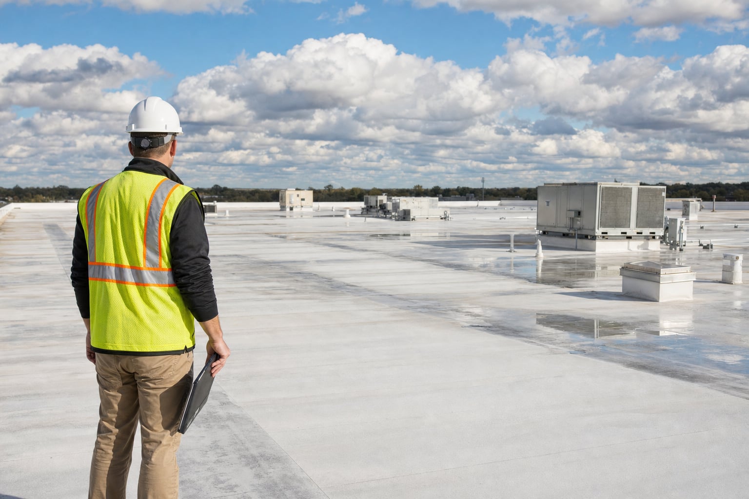 Commercial roof inspector reviewing a maintained white roof after rainfall