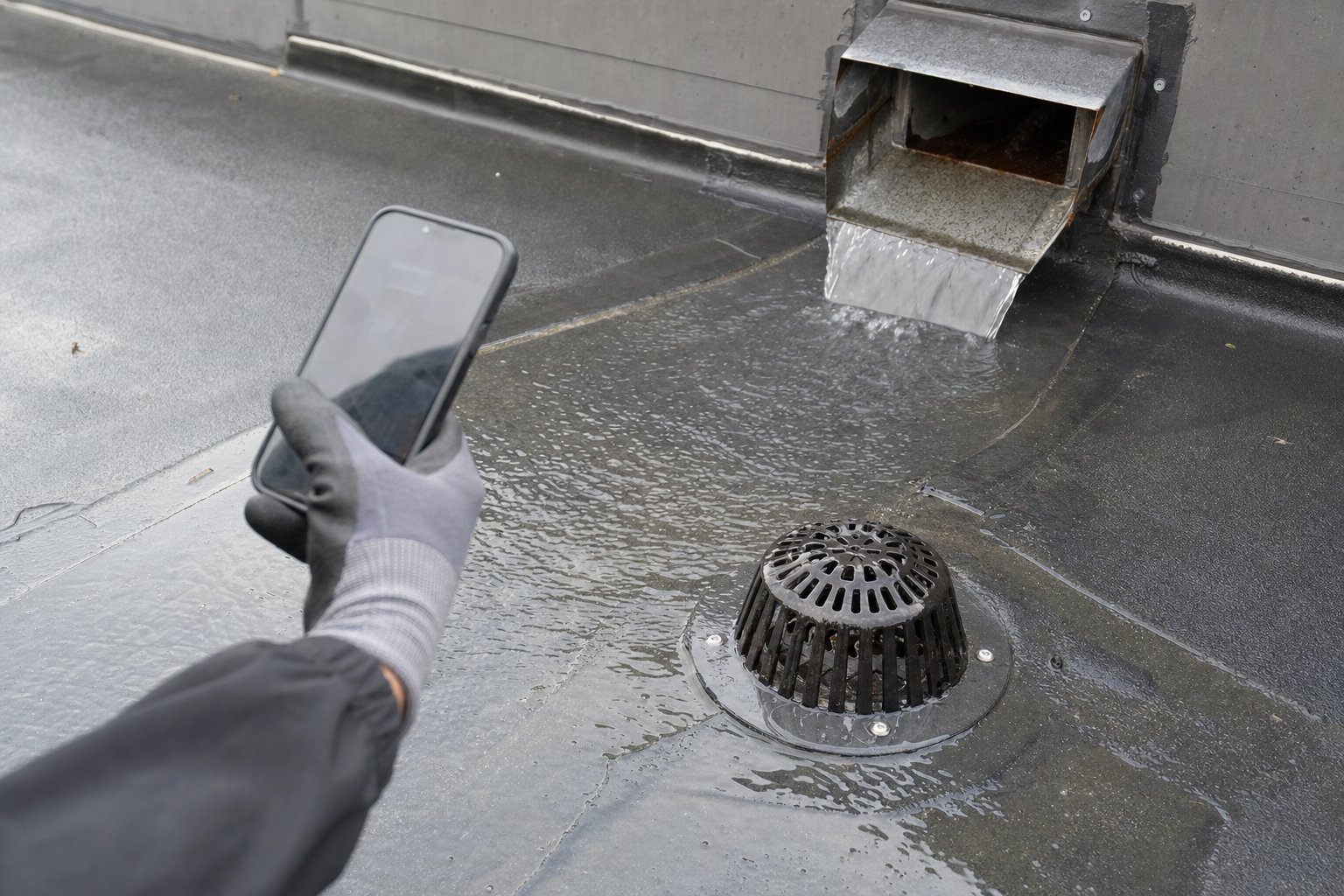 Commercial roof drain and scupper being documented during a maintenance inspection