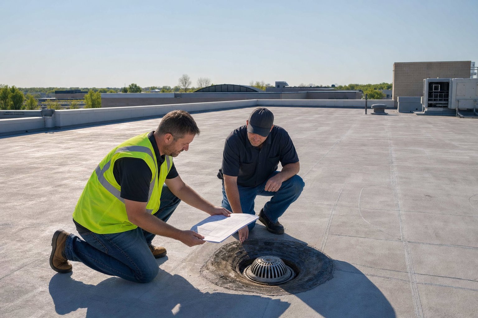 Facility manager and roofing professional reviewing a commercial roof maintenance plan