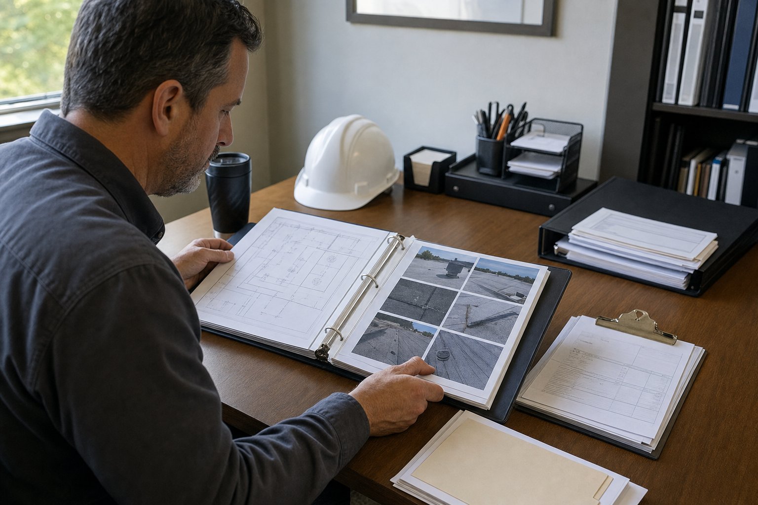 Facility manager organizing commercial roof inspection photos and roof records