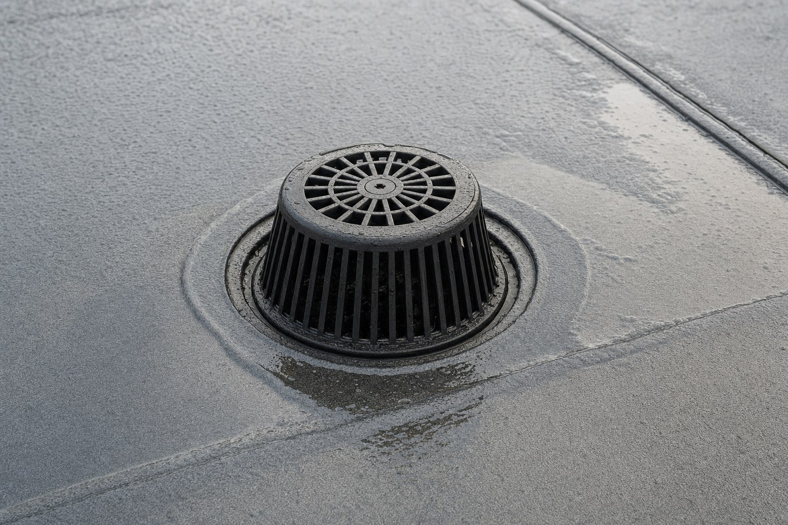 Commercial roof drain strainer with rainwater around surrounding membrane seams