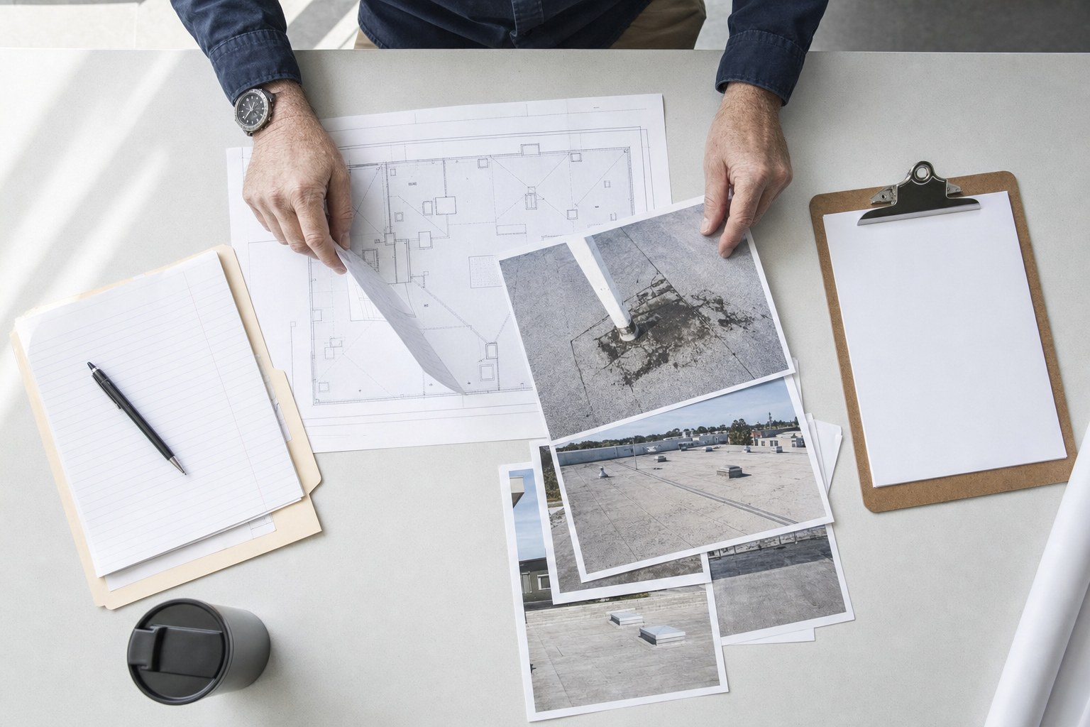 Property manager reviewing a roof plan, maintenance photos, and inspection notes