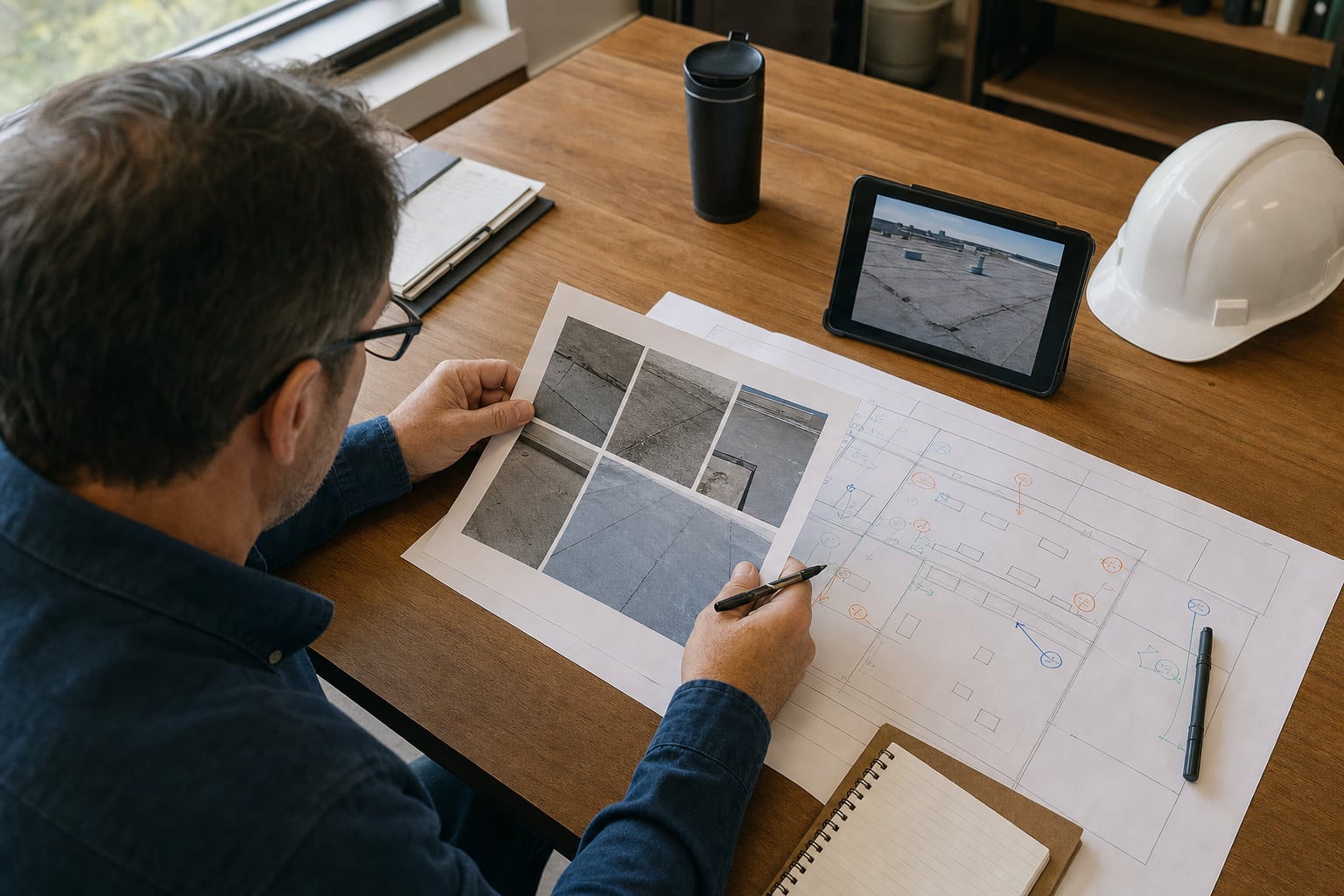 Facility manager reviewing roof photos, inspection notes, and a building roof plan