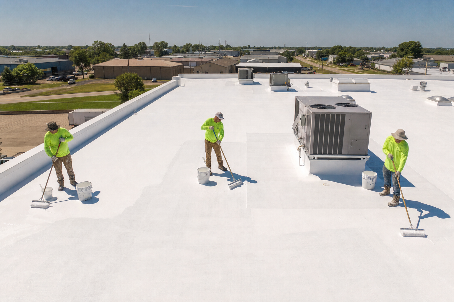 Commercial roof coating crew applying white reflective coating to a large flat roof