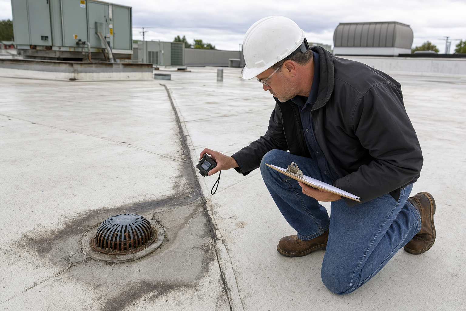 Commercial roof inspector checking a drain and membrane seam
