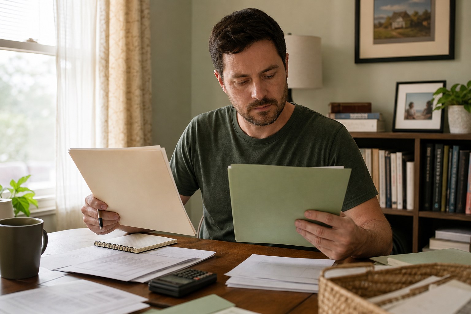 Adult reviewing two folders and a household budget note at a home desk