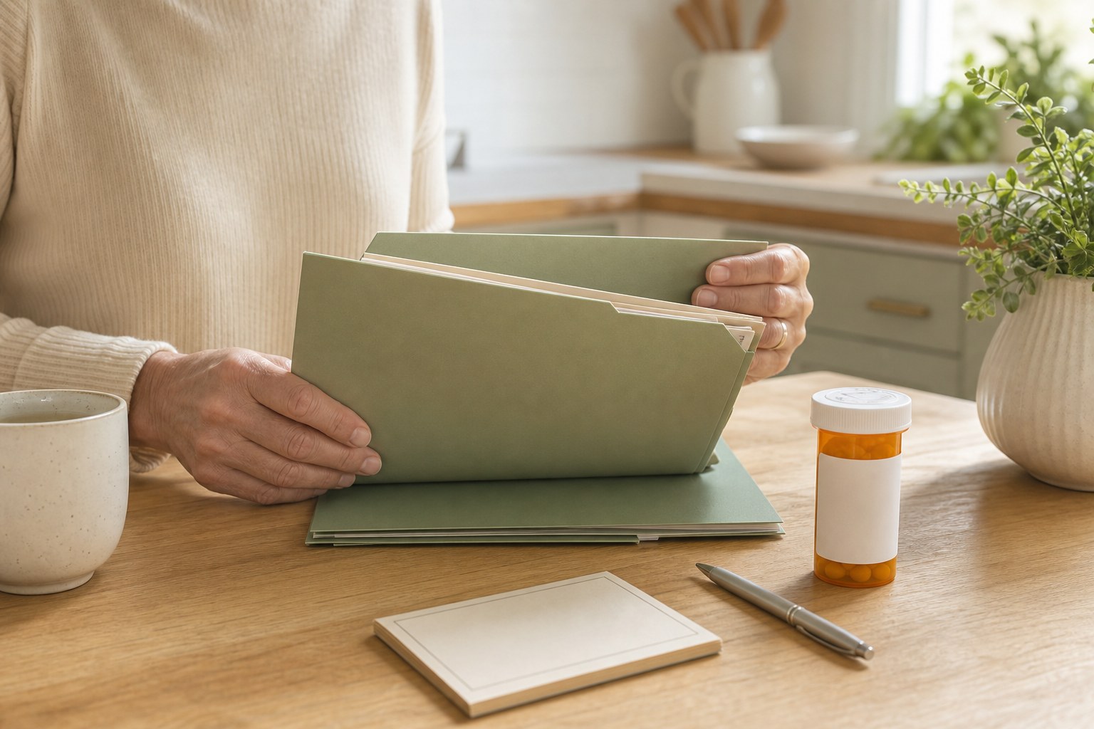 Person organizing healthcare documents and a blank-labeled prescription bottle at a kitchen table