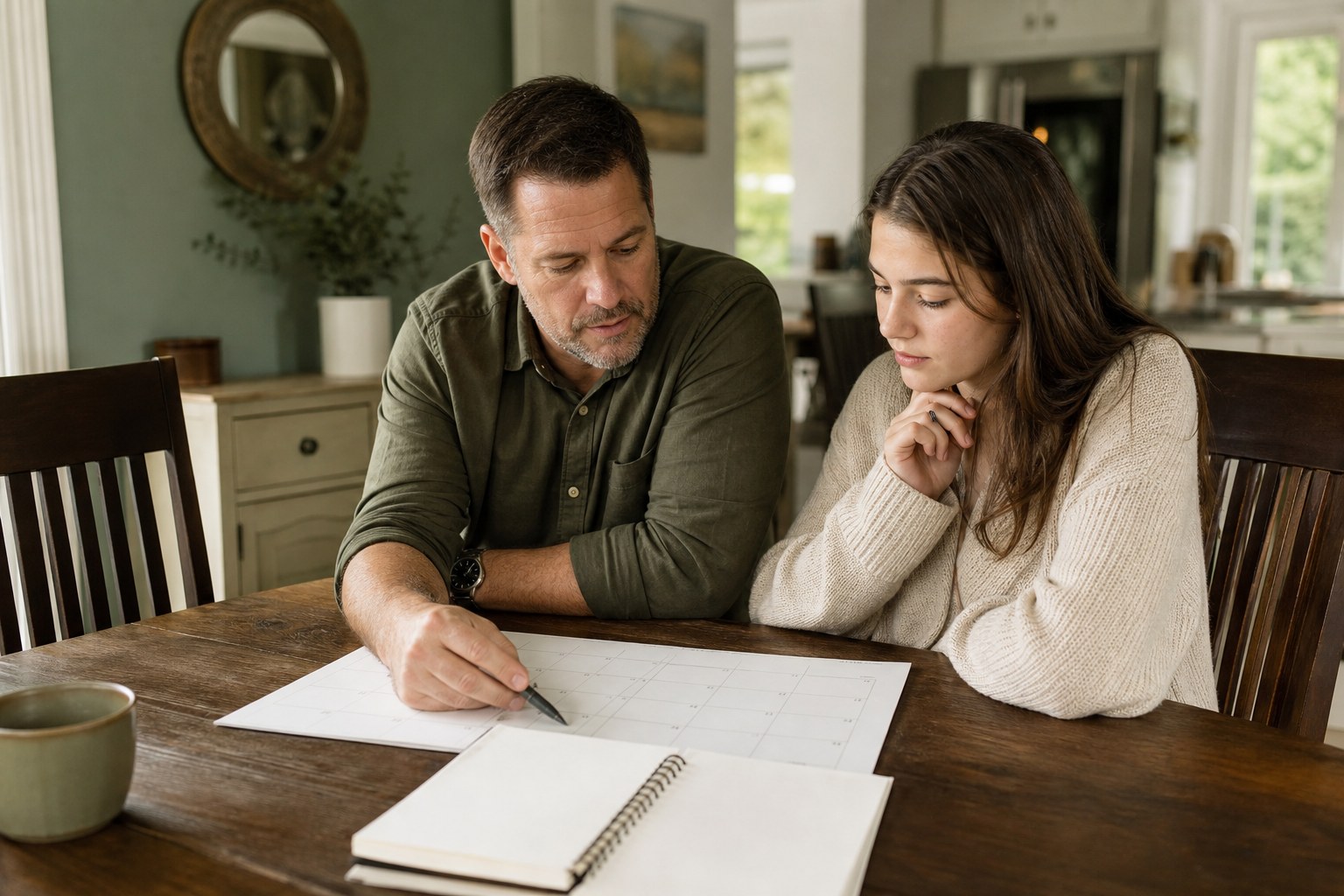 Father and daughter reviewing a family calendar together