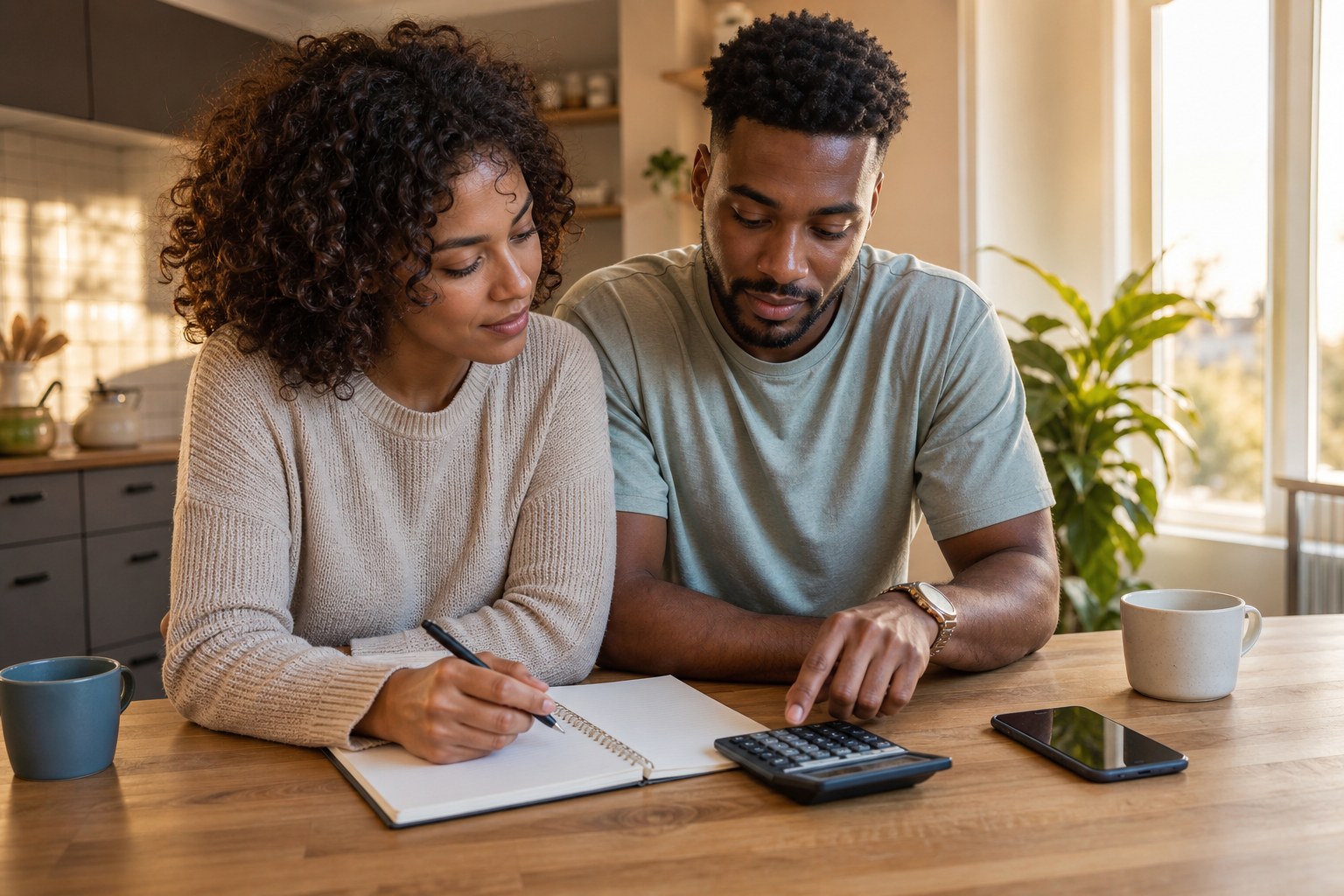 Couple reviewing a household budget together at their kitchen table