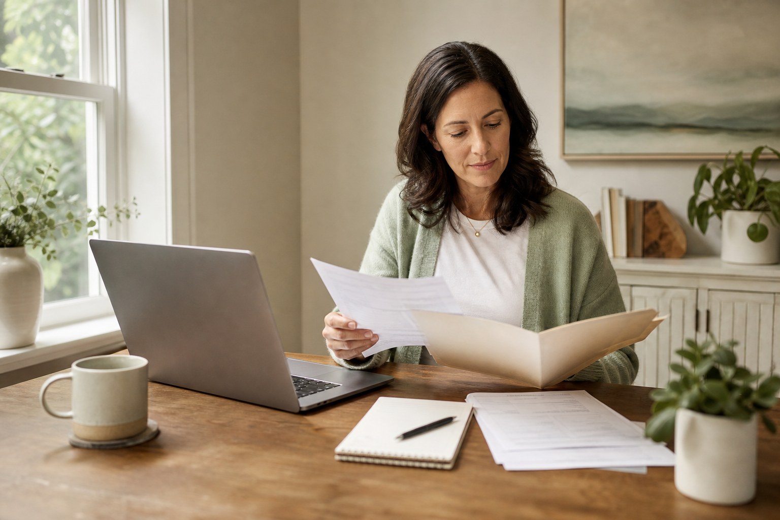 Person organizing healthcare documents and a folder while using a laptop at home