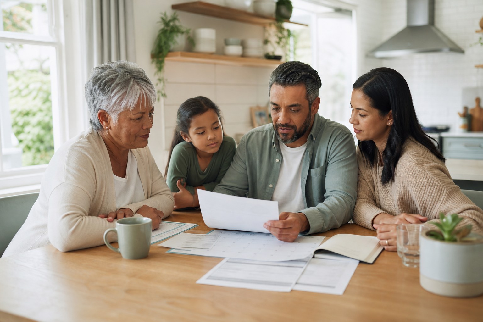 Family reviewing care-cost information together at a kitchen table