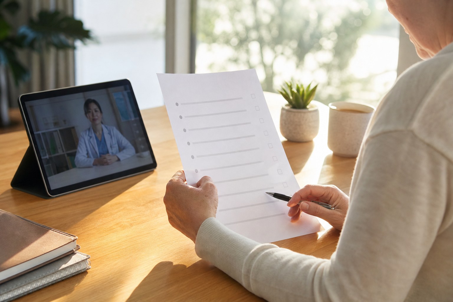 Person reviewing a healthcare checklist during a virtual visit at home