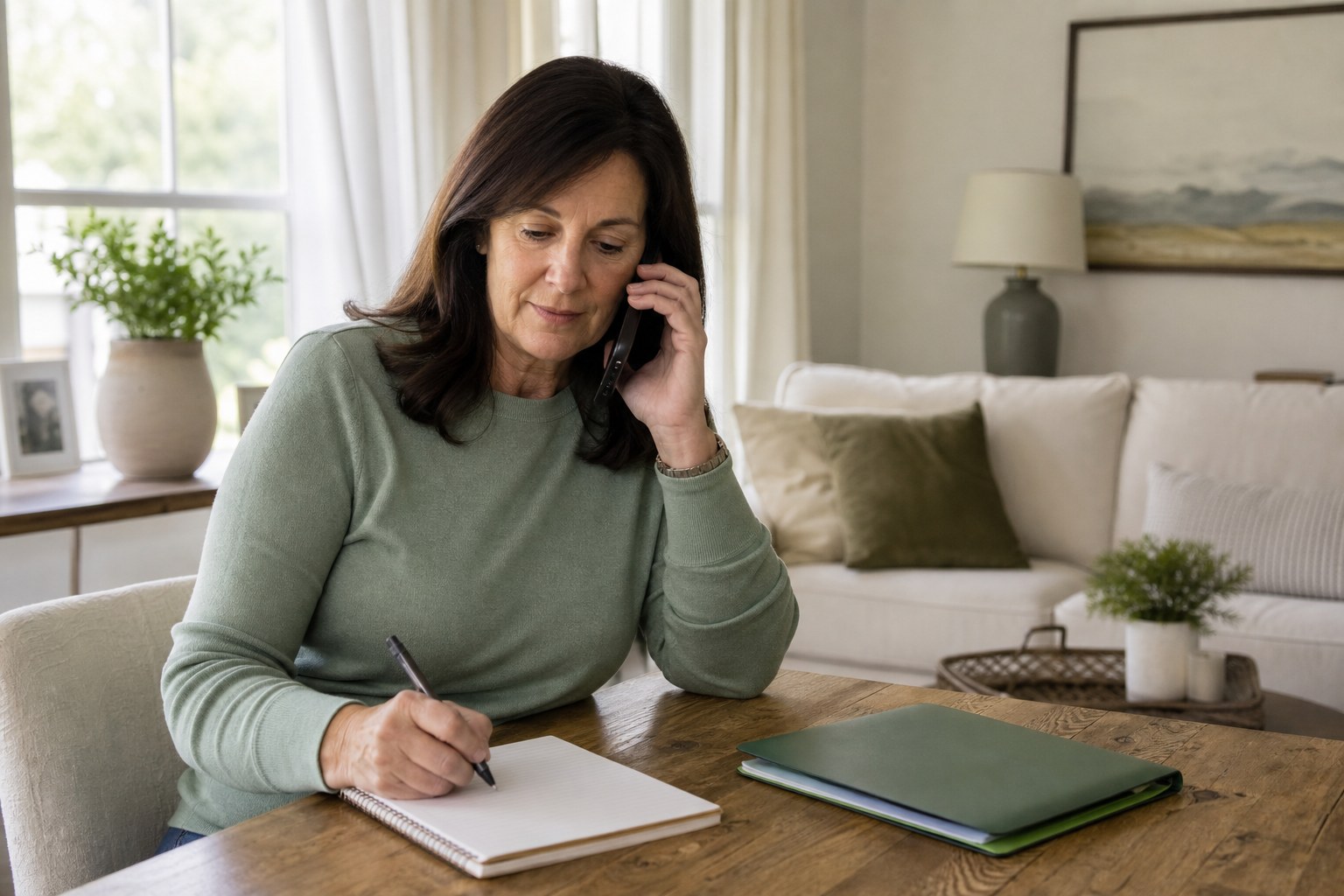 Woman at home taking notes during a phone call about healthcare questions