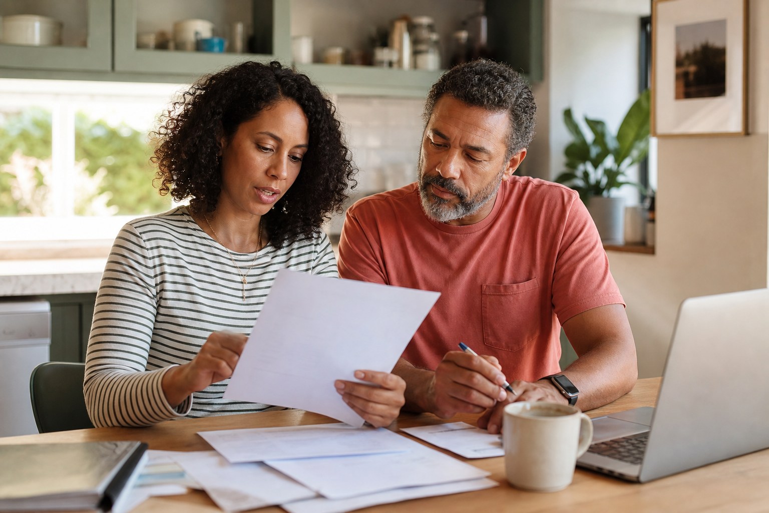 Couple reviewing healthcare paperwork at their kitchen table