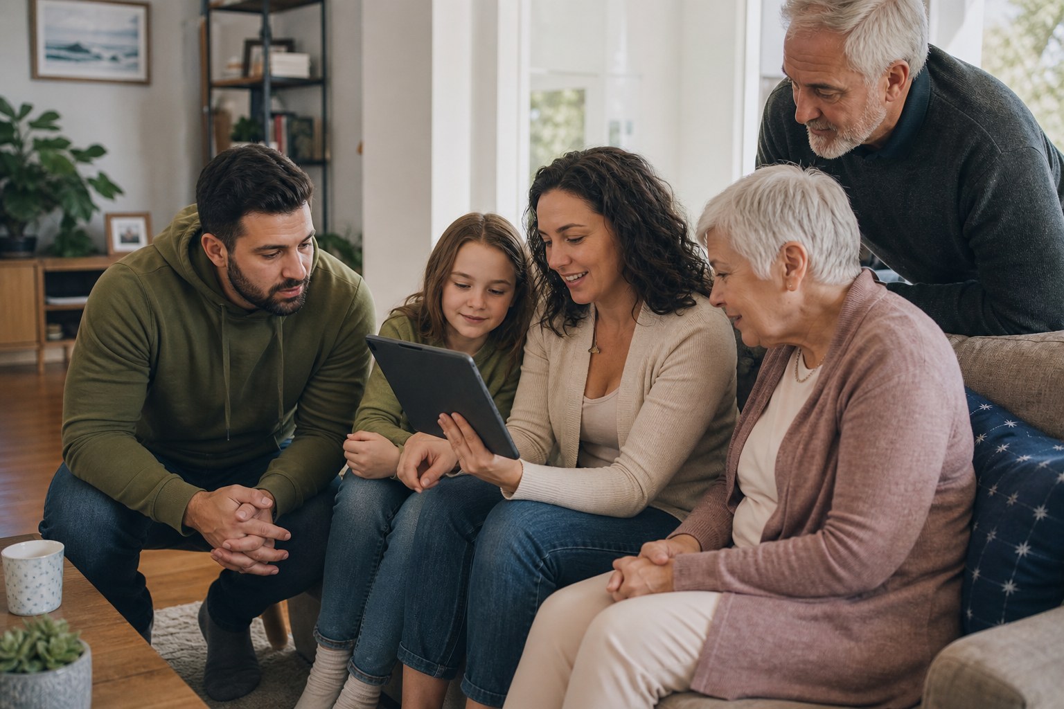 Family gathered at home around a tablet