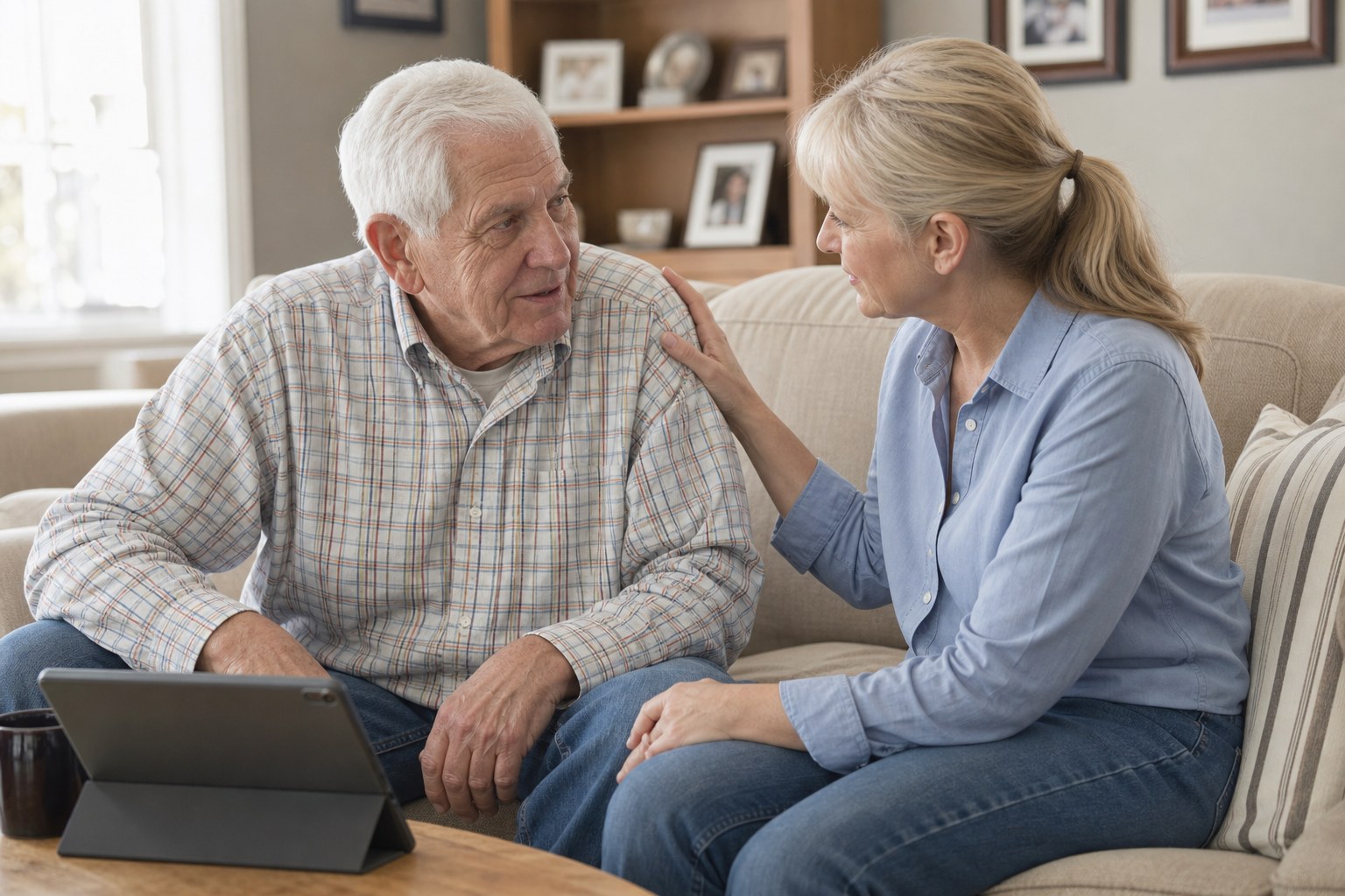 Older adult and family member preparing together for a telehealth visit at home