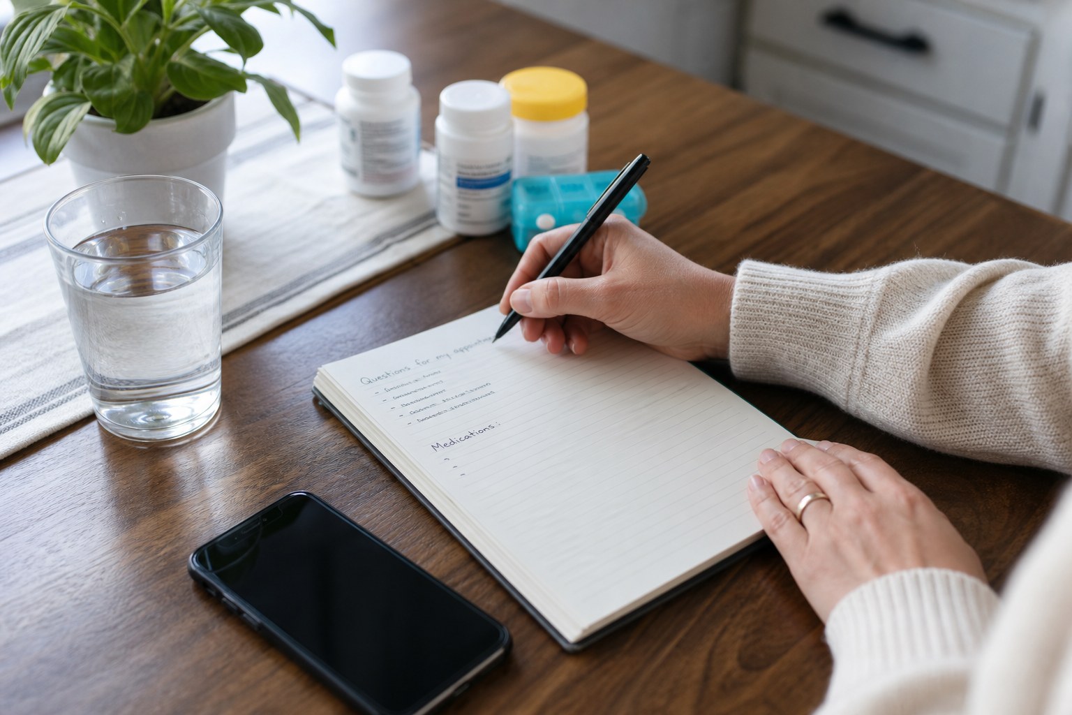 Patient writing notes and gathering medication information before an appointment