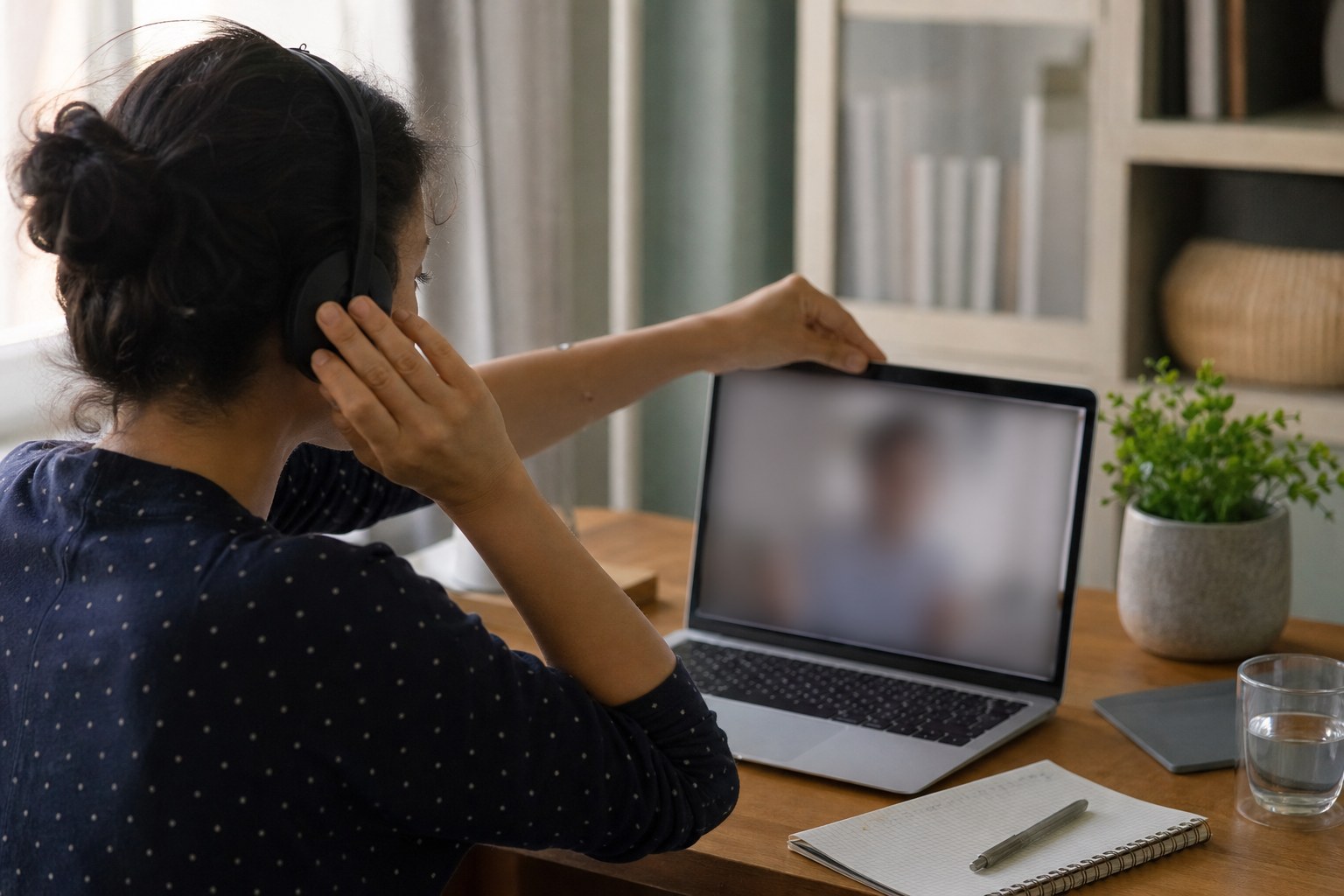 Patient checking headphones and camera before a virtual healthcare visit