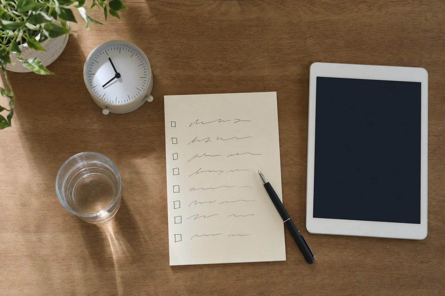 Appointment checklist, clock, glass of water, and tablet arranged on a wooden table
