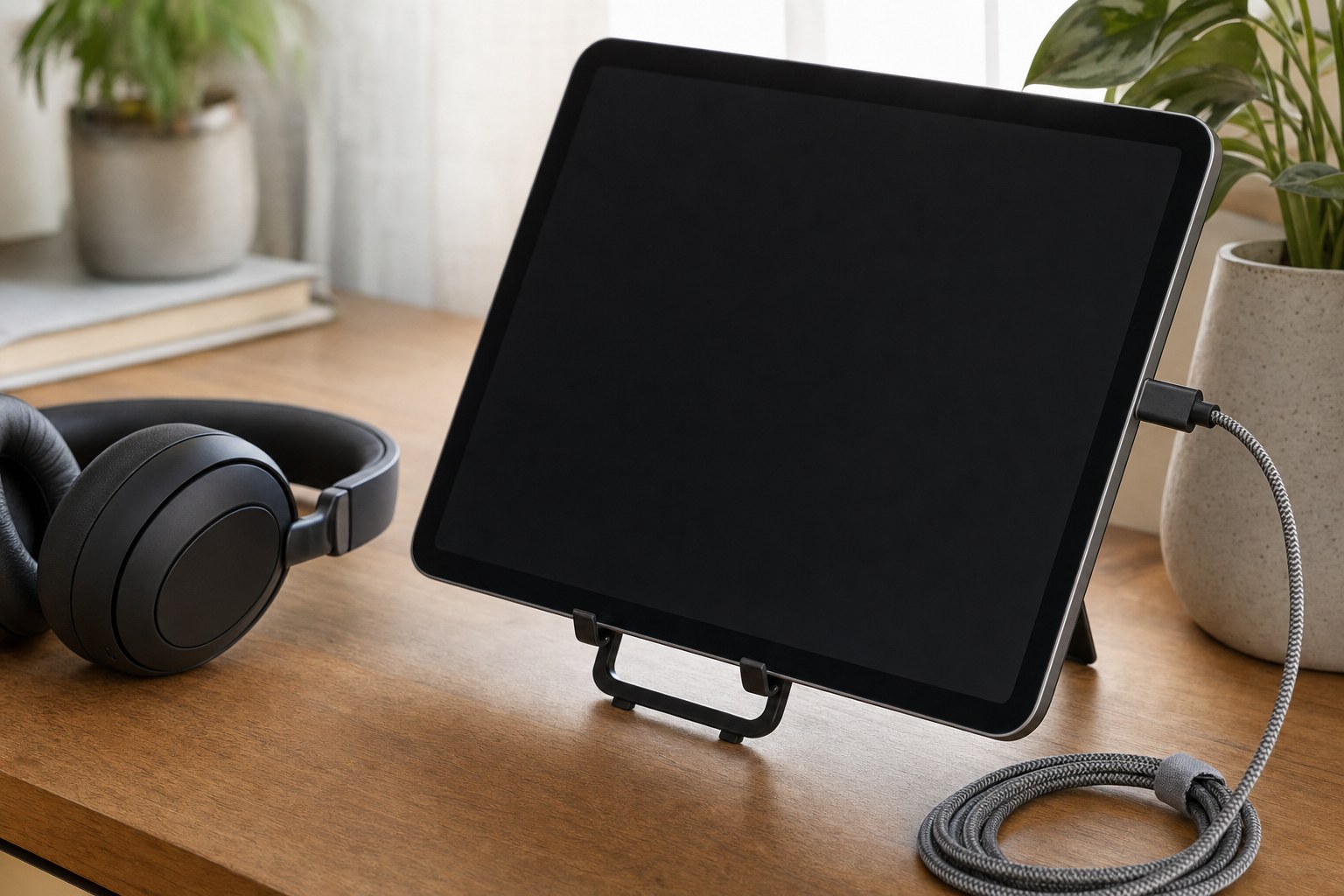 Tablet on a stand with headphones and charging cable prepared for a video appointment