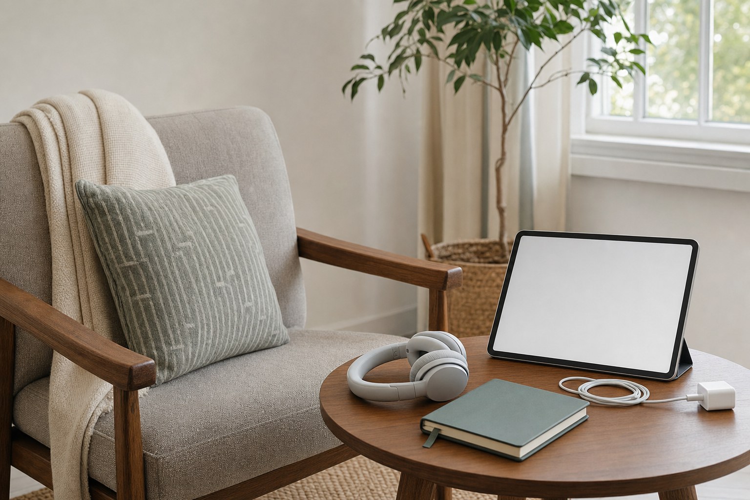 Quiet chair, tablet, headphones, and notebook arranged in a private room at home
