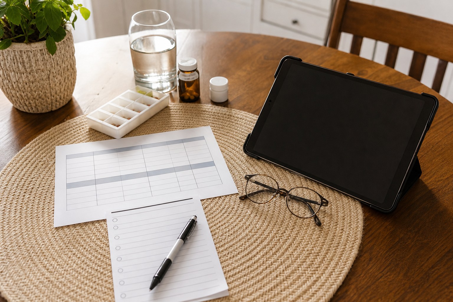 Appointment notes, medications, and a tablet prepared on a table