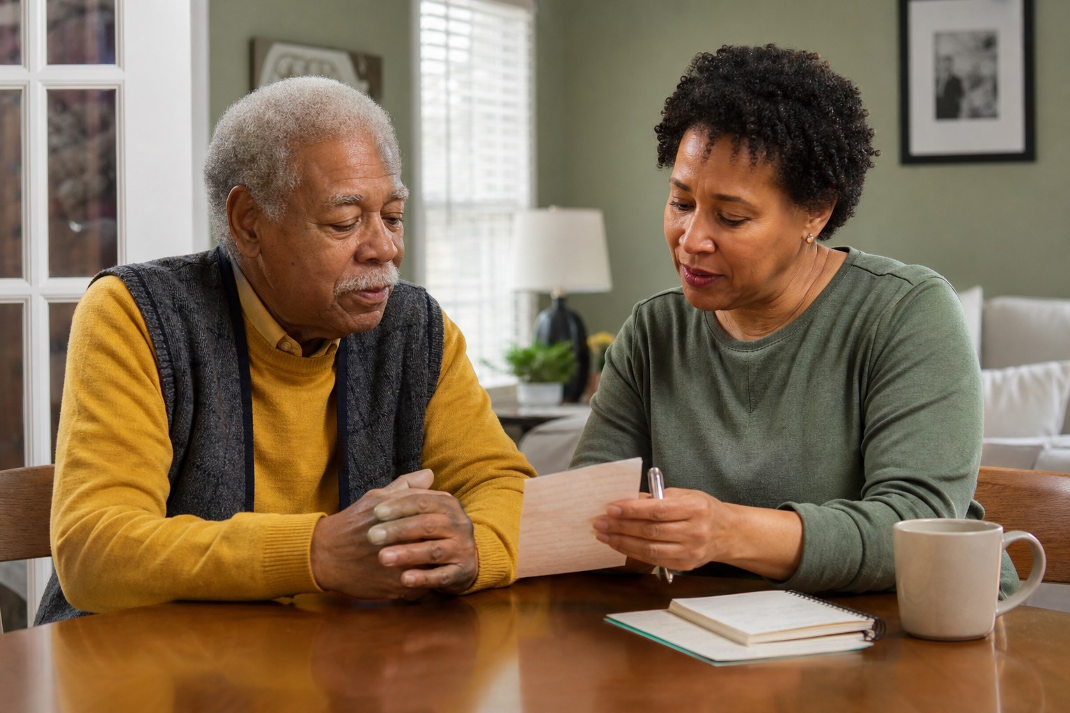 Older adult and family caregiver reviewing appointment notes together