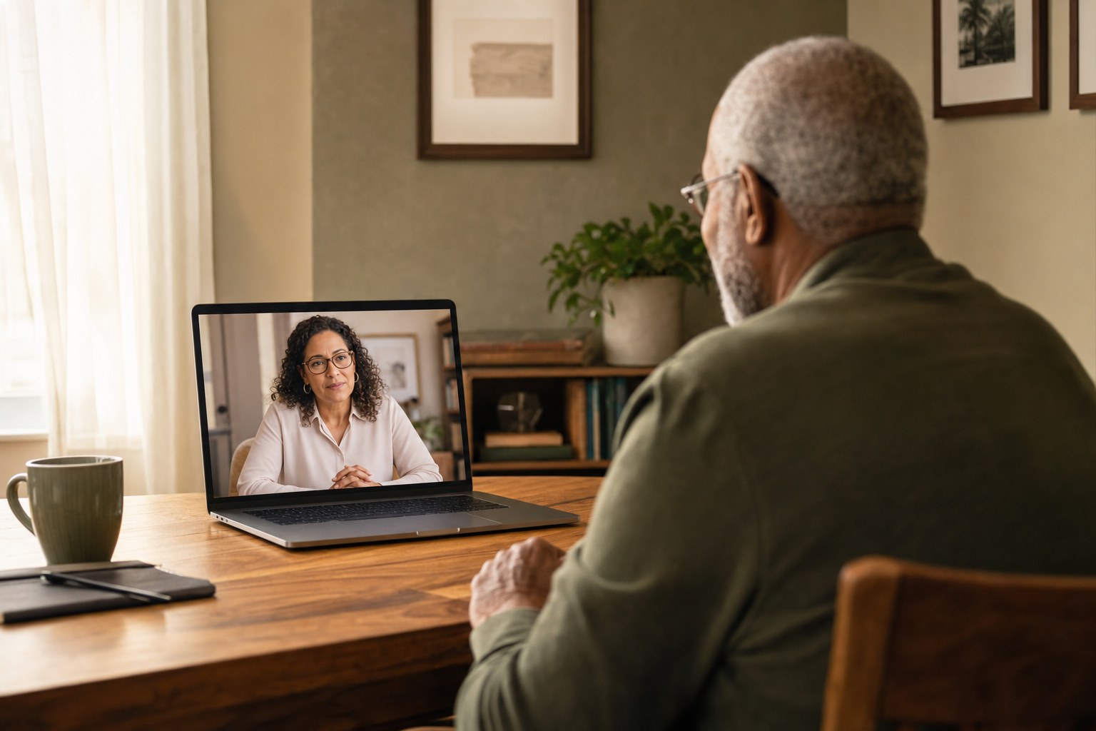 A compassionate video conversation in a calm home setting