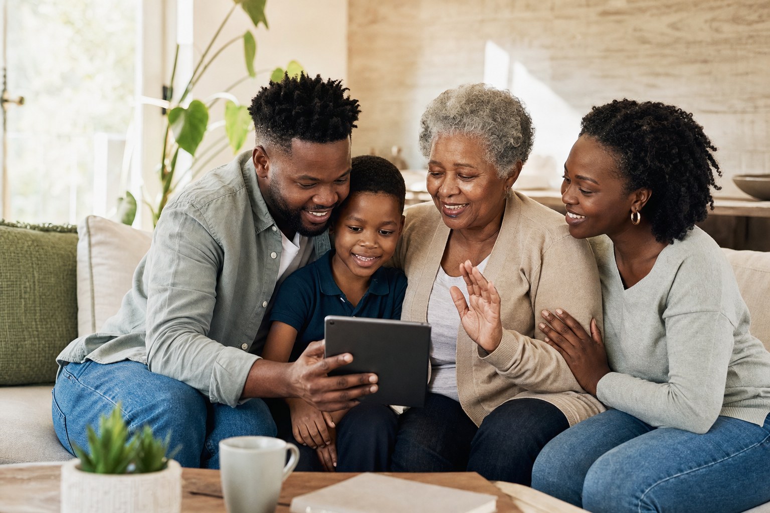 Family gathering around a tablet at home