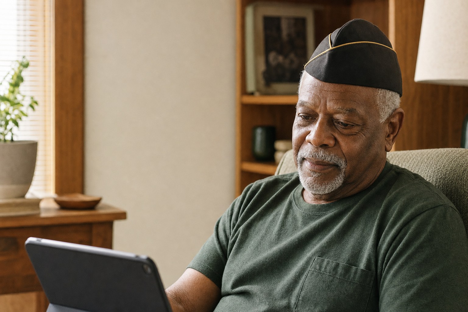 Veteran seated comfortably at home