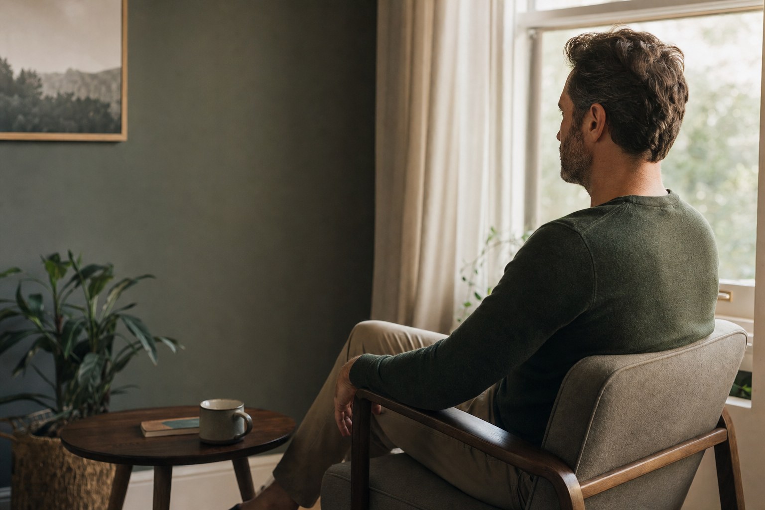 A man sitting privately at home near a sunlit window