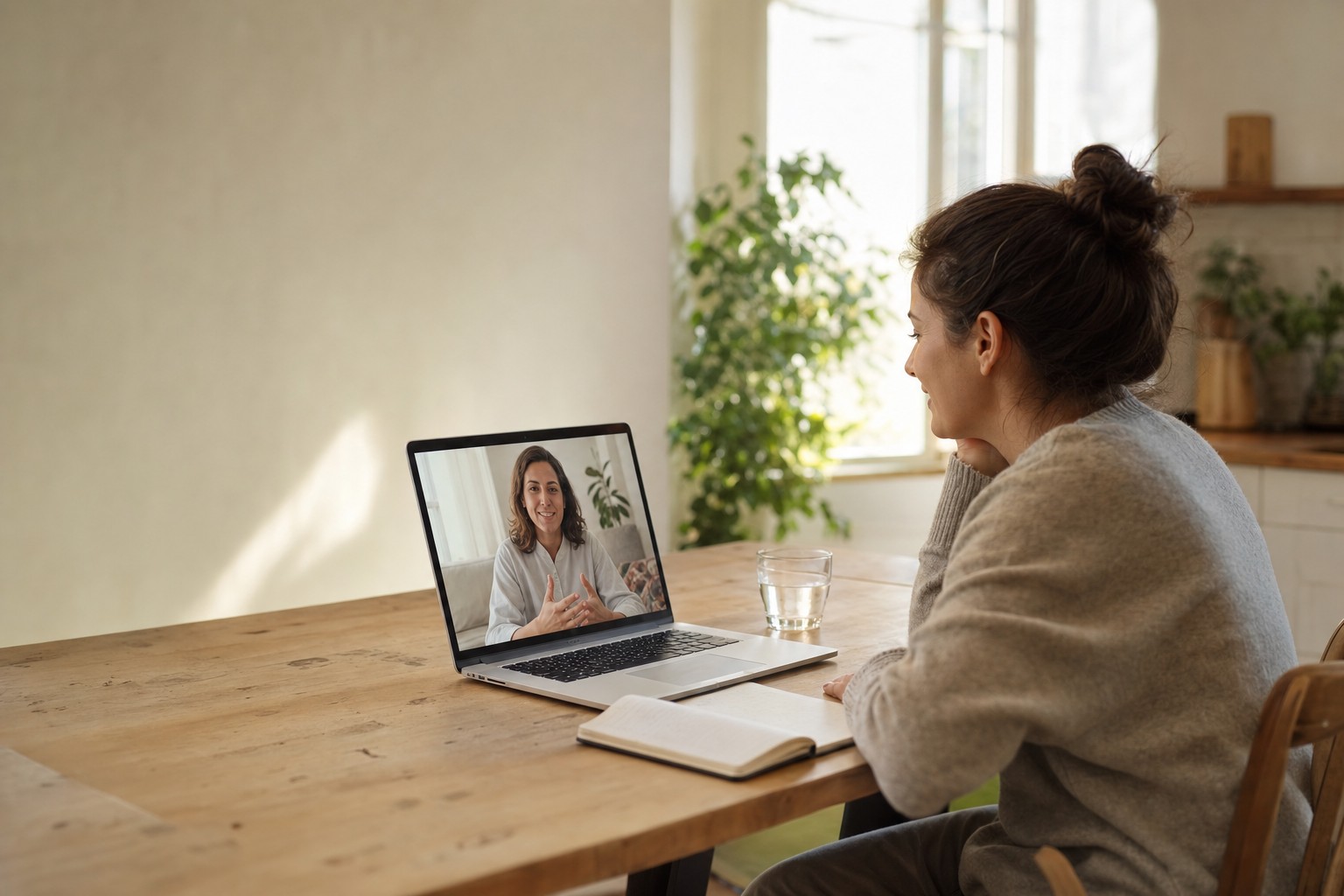 Person speaking with a clinician by video from home