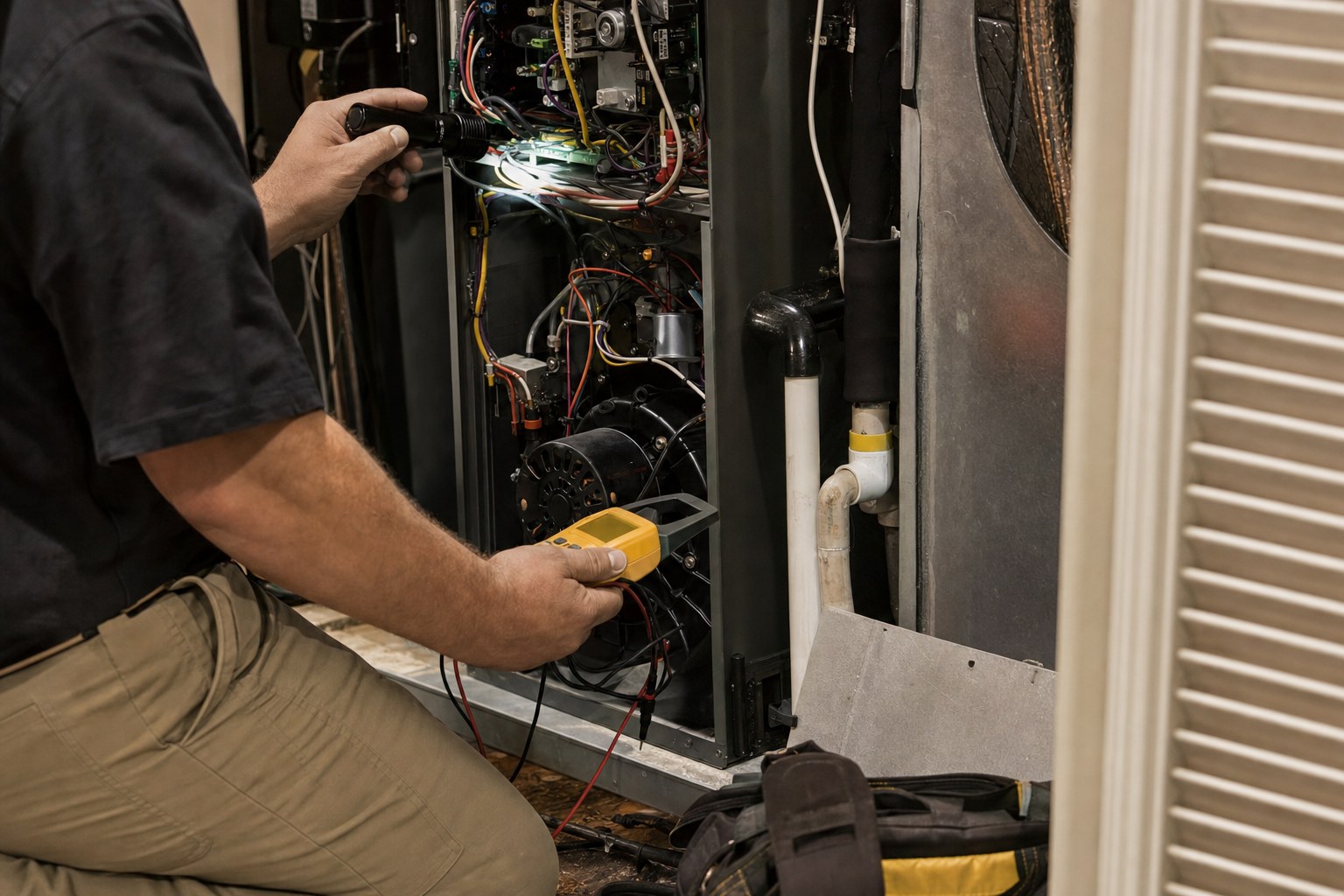 Technician inspecting indoor HVAC equipment