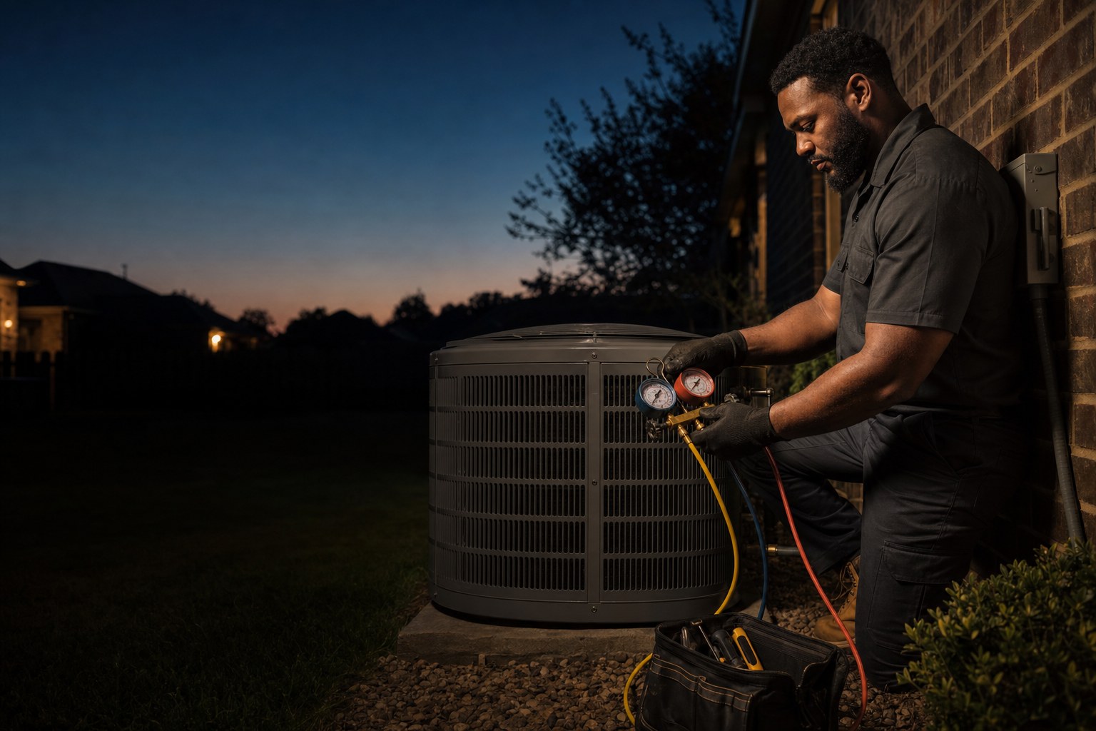 HVAC technician checking gauges on an outdoor air-conditioning condenser